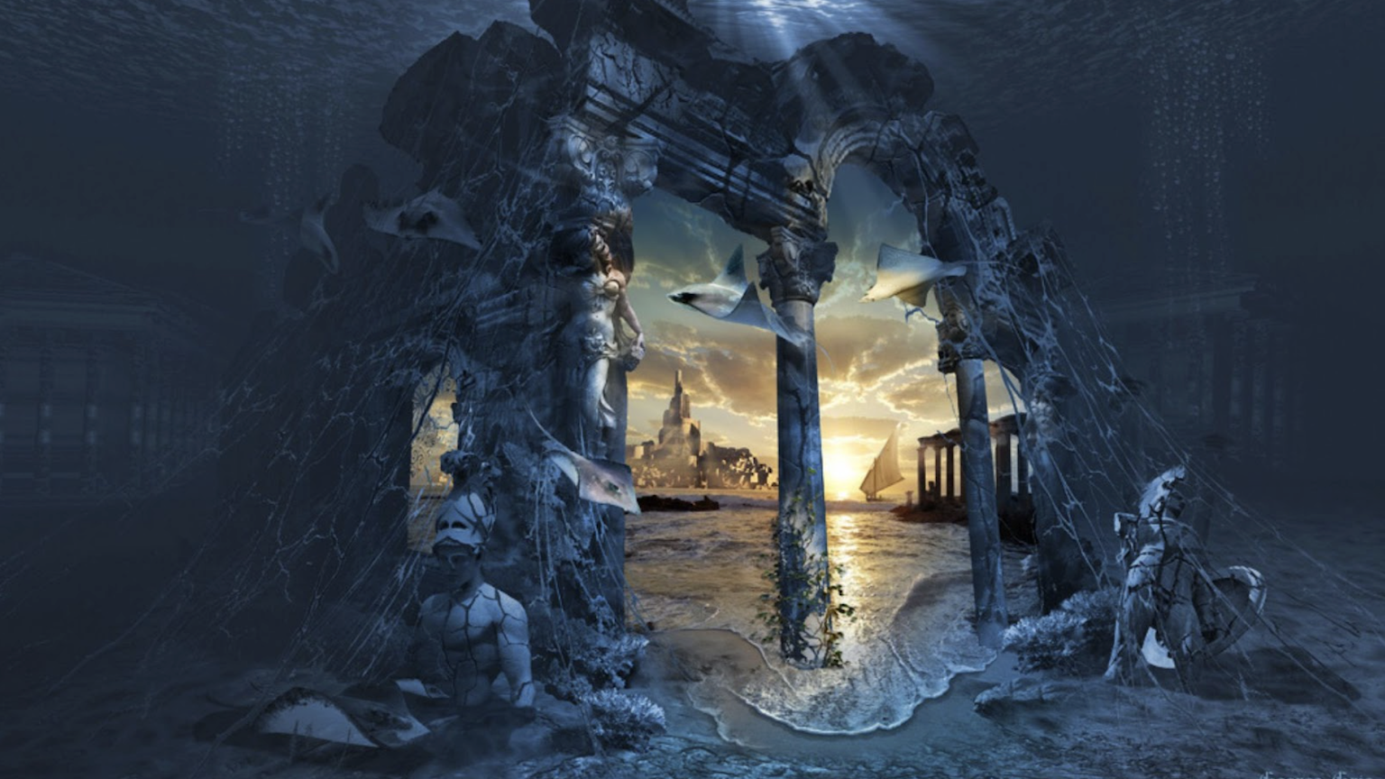 This digital artwork depicts a fantastical underwater scene with a large stone archway leading to a sunlit cityscape in the distance. The archway is adorned with classical sculptures and is entwined with marine plants, suggesting an ancient submerged city